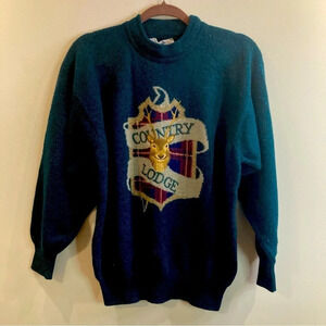 PRINGLE OF SCOTLAND  SZ L Country Lodge Embroidery 100% Wool Crew Neck Sweater